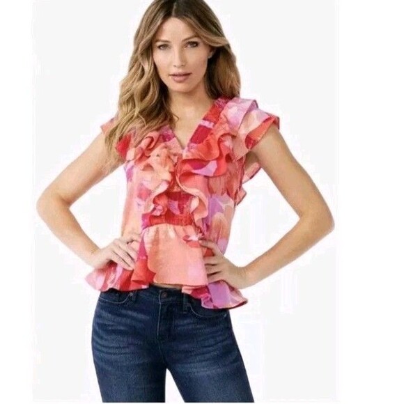 Sofia Jeans By Sofia Vergara Women's Short Sleeve Smocked Ruffle Top Size S - Picture 1 of 10